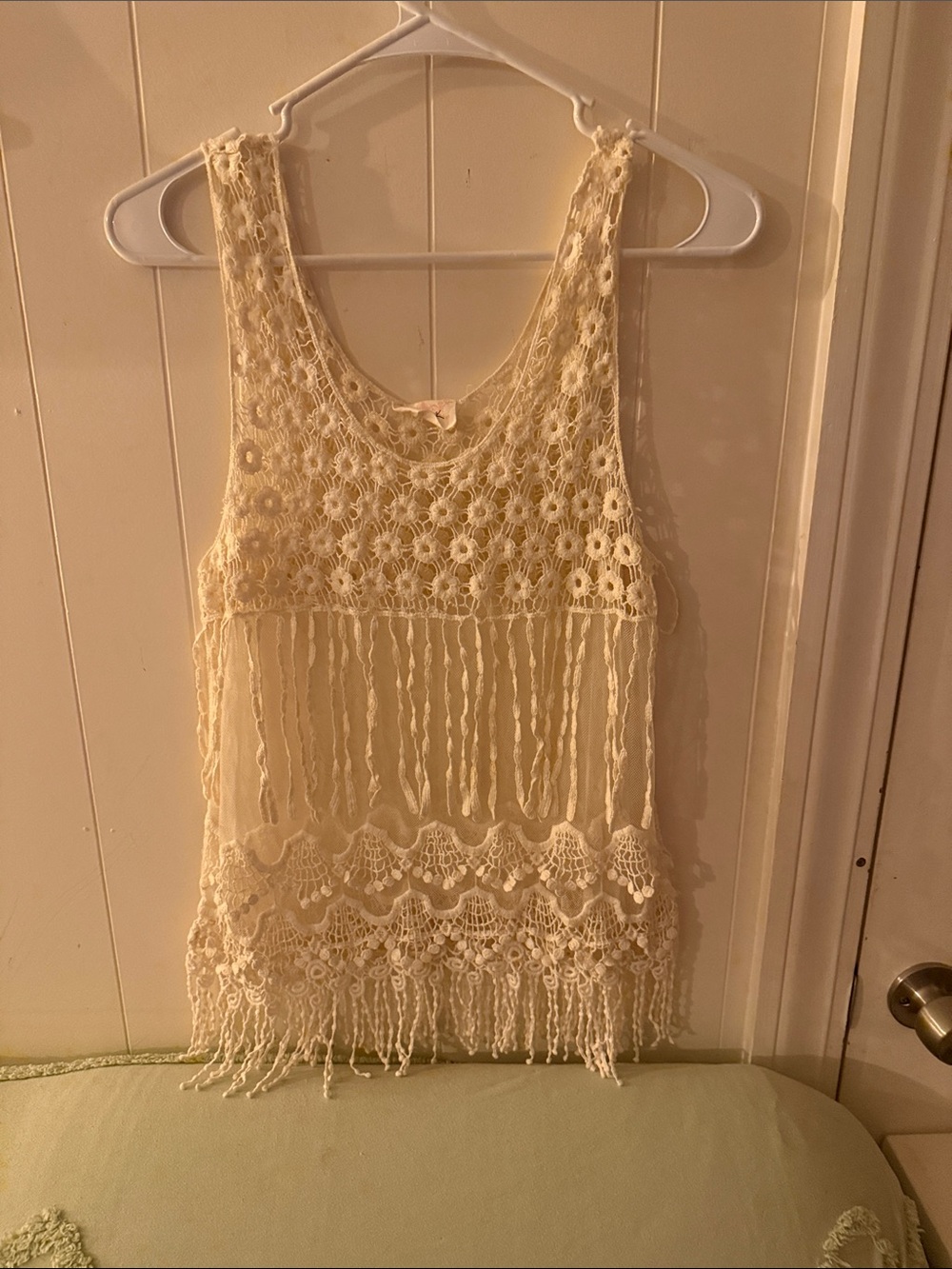 Boho Crochet Fringe Tank Top - Cream